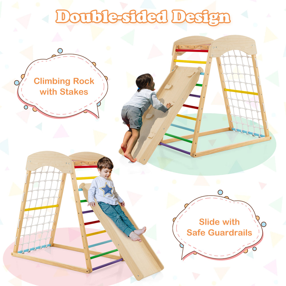 Wooden 6-in-1 jungle gym with double-sided ramp, featuring climbing rock and slide, designed for safe indoor play.