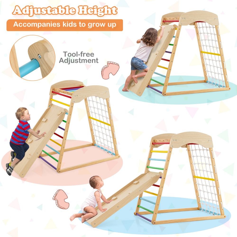 6-in-1 wooden jungle gym with adjustable height, double-sided ramp, and monkey bars for indoor fun and safety.