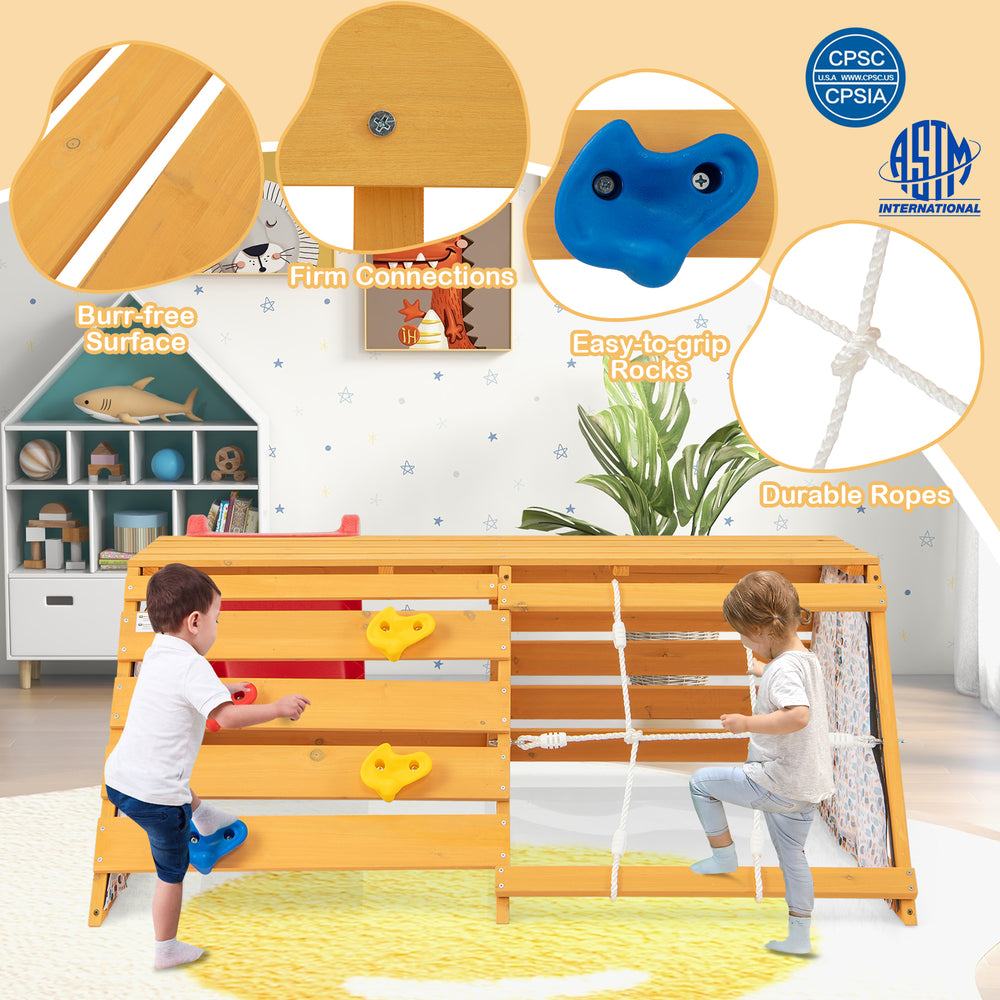 Wooden indoor playground with slide, rock climbing wall, and rope wall for kids aged 3-8, featuring durable fir wood.