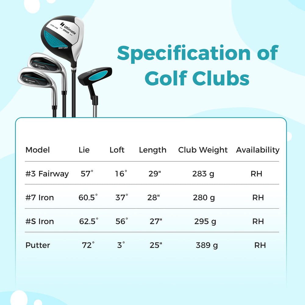 Junior complete golf club set in blue with stand bag, graphite shafts, and rain hood for kids aged 5-7 years.