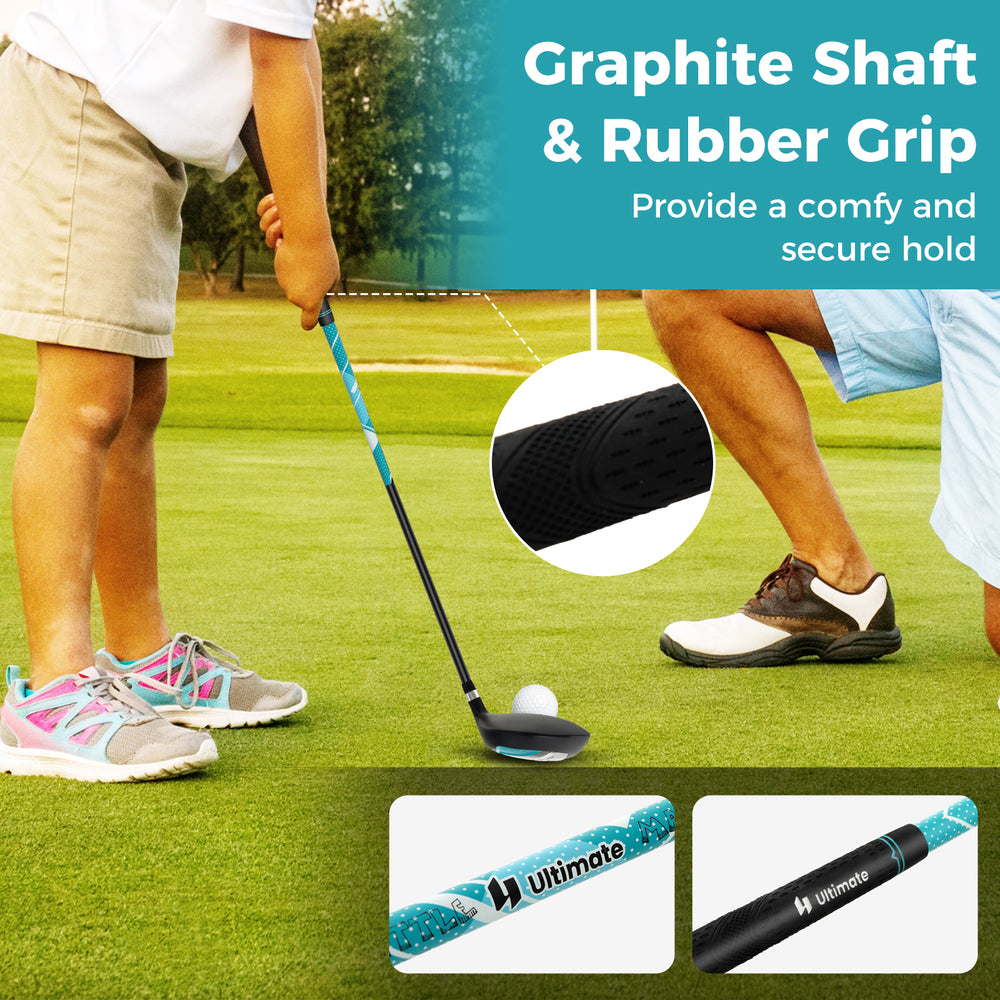 Junior golf club set featuring a graphite shaft and rubber grip, designed for kids aged 5-7, with a lightweight stand.