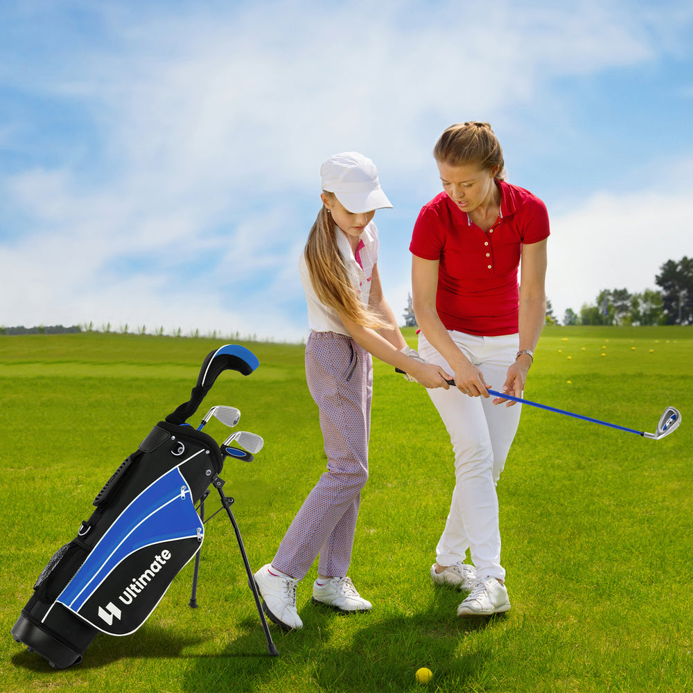 Junior golf club set for ages 8-10, featuring fiberglass and steel clubs, shown in use on the golf course.