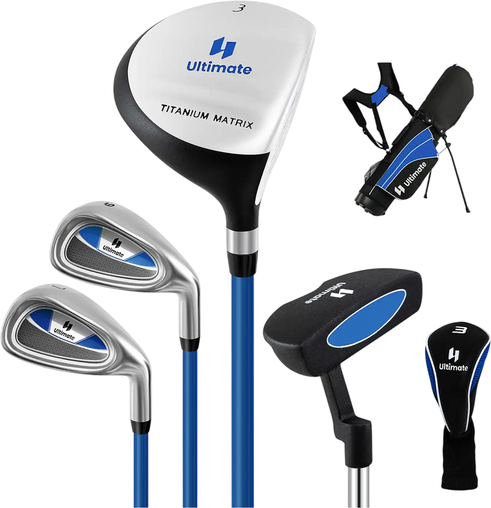 Junior complete golf club set for ages 8 to 10 in blue, featuring fiberglass and steel clubs for durability and.