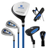 Junior complete golf club set featuring fiberglass and steel clubs, designed for ages 8 to 10, in blue color.