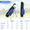 Junior complete golf club set in blue, featuring fiberglass and steel clubs, designed for kids aged 8 to 10.