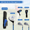 Junior golf club set for kids aged 8-10, featuring fiberglass and steel clubs, including a #3 fairway wood and putter.