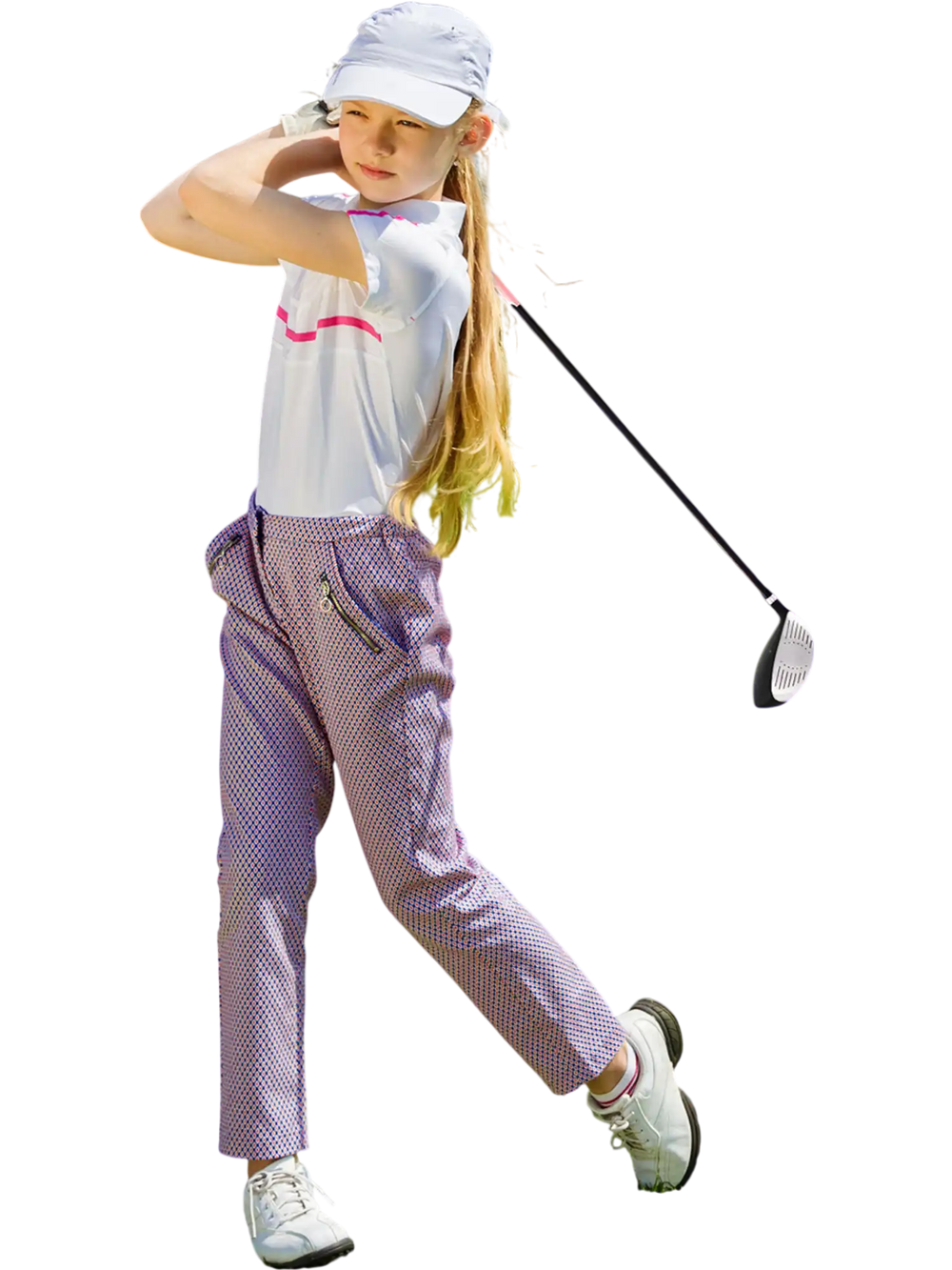 Junior golfer swinging a club with a pink complete golf club set and stand bag on the course, ideal for ages 11-13.