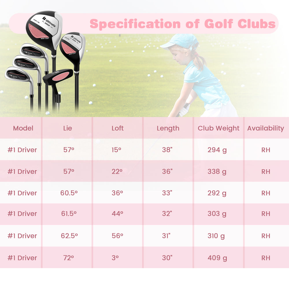 Junior complete golf club set in pink with stand bag, includes driver, hybrid, irons, and putter for kids aged 11-13.
