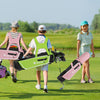 Junior golf club set in pink with stand bag, featuring adjustable straps and multiple pockets for easy carrying.