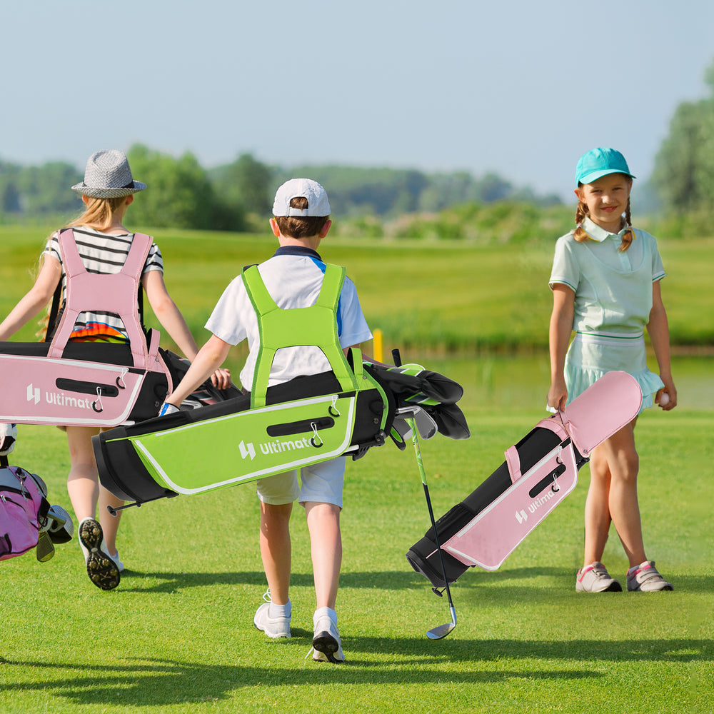 Junior golf club set in pink with stand bag, featuring adjustable straps and multiple pockets for easy carrying.