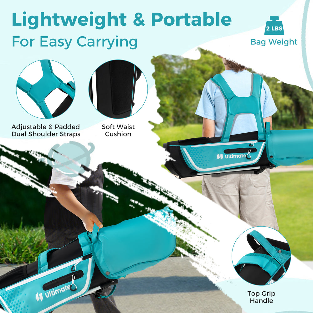 Junior complete golf club set for kids, featuring a lightweight stand bag with adjustable straps and soft waist cushion.
