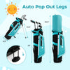 Junior complete golf club set for kids with auto pop out legs, rain hood, and adjustable shoulder straps in blue.