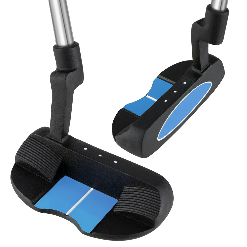 Junior mallet putter with blue accents, lightweight aluminum head, and non-slip grip, ideal for kids aged 11-14.