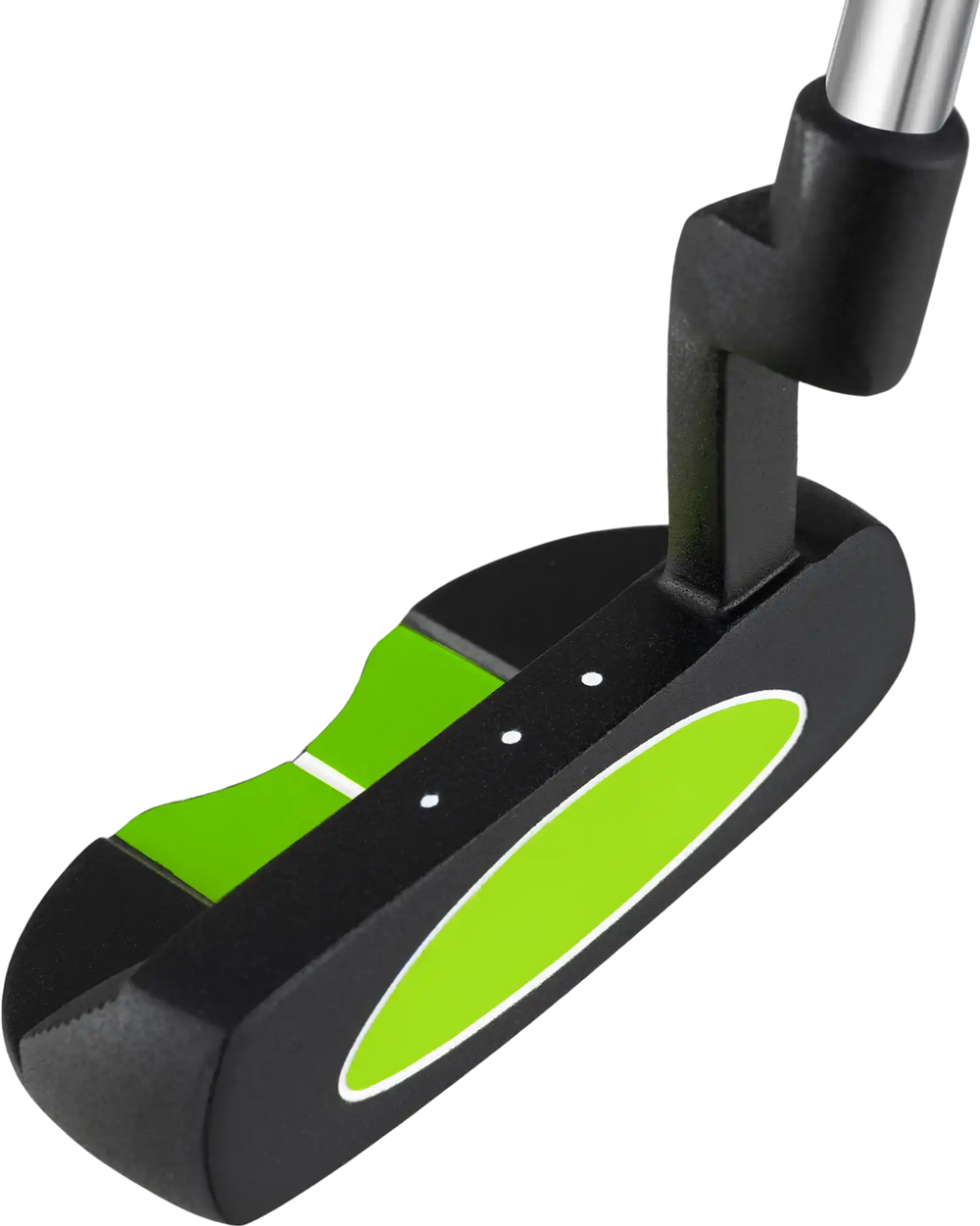 Junior mallet putter with green accents, lightweight aluminum head, designed for kids aged 8-10 for accurate putting.