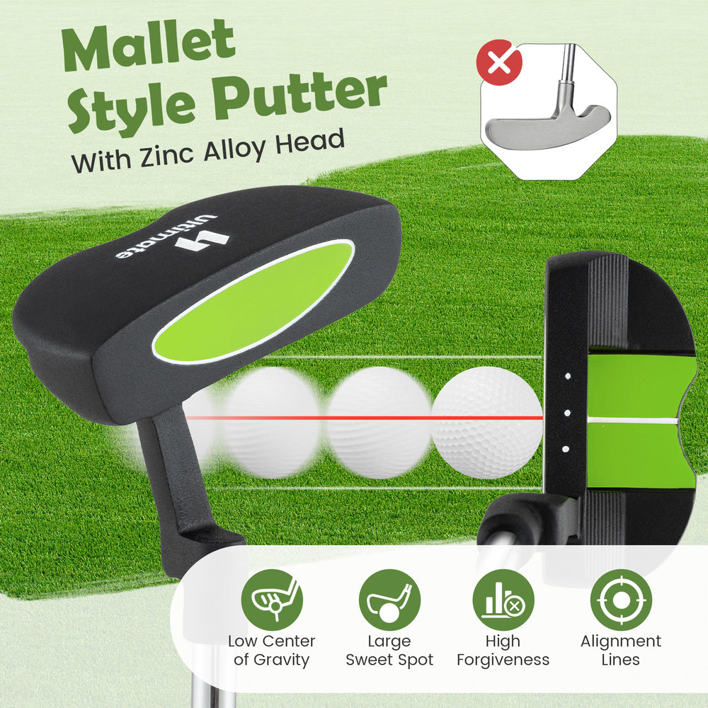 Junior mallet putter with zinc alloy head, designed for kids aged 8-10, featuring a large sweet spot and alignment aid.