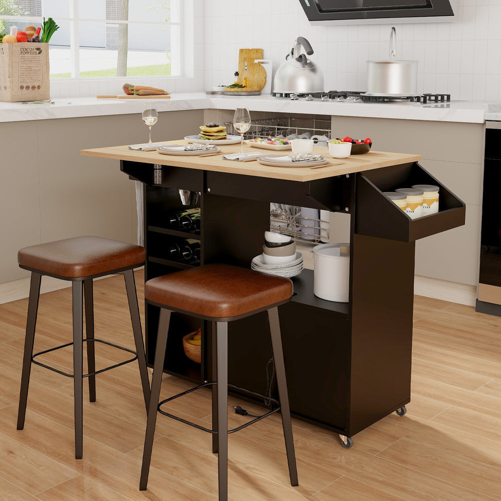 Drop Leaf Mobile Kitchen Island Cart with Power Outlet and Adjustable Shelf-Black and Natural - Gallery View 1 of 10