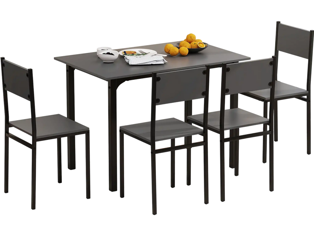 5-piece industrial style dining table set in grey, featuring a spacious table and four stackable chairs for versatile.