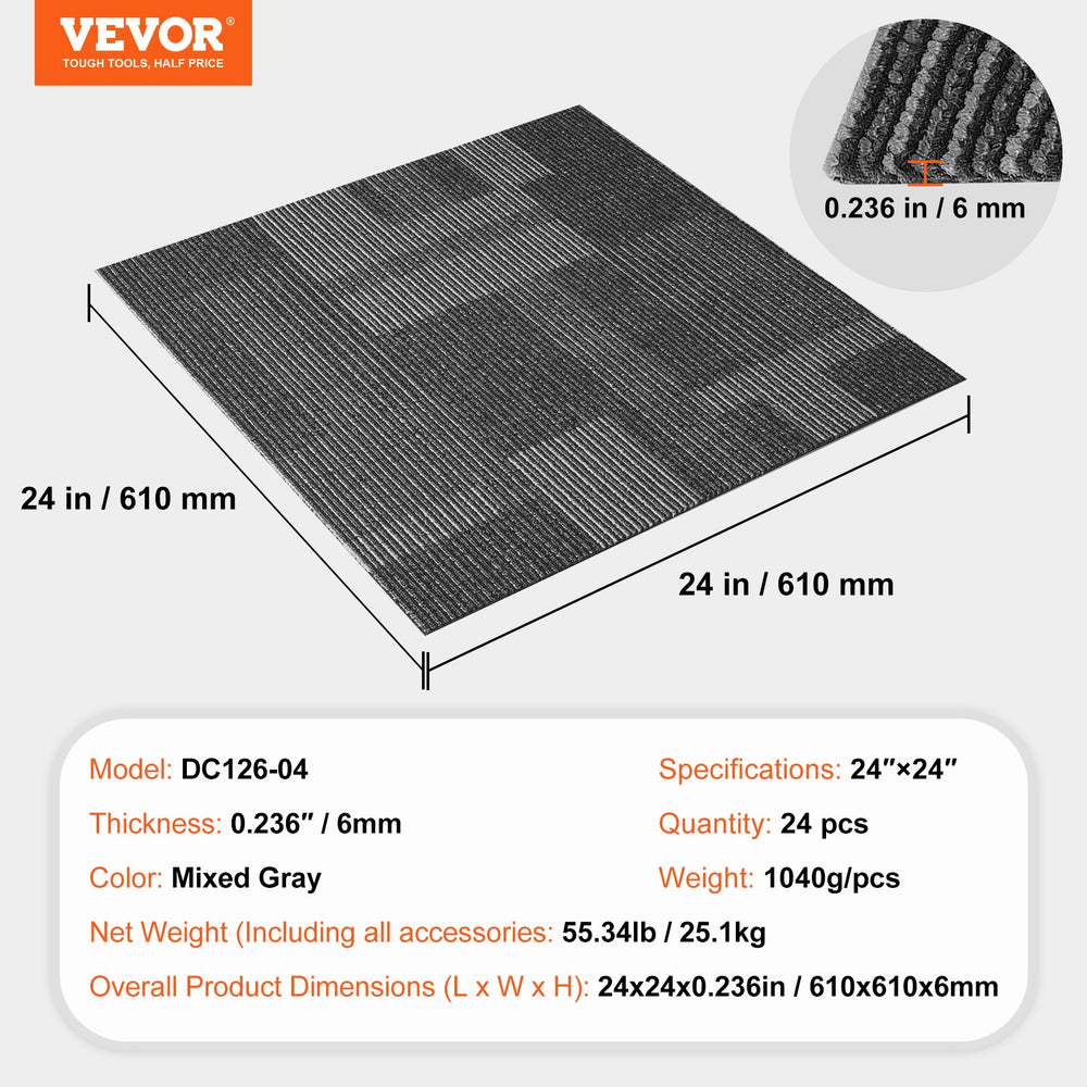 Vevor Carpet Tiles Reusable 24" Peel and Stick Squares 96 Sq. Ft. Soft Padded Gray 24 PCS New