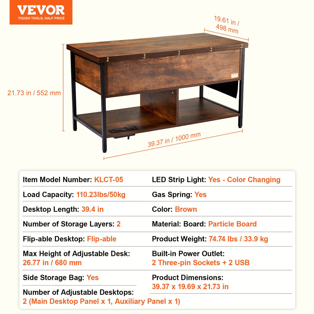 Vevor Lift Top Coffee Table 39.3" x 19.6"  Multi-Functional with Storage and Built-In Power Outlet Brown New