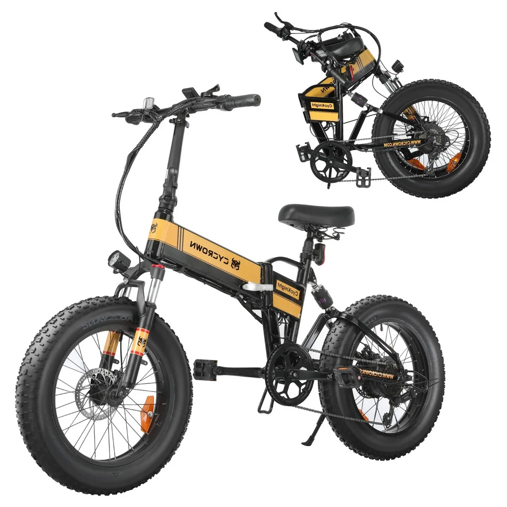 Cycrown CycKnight Fat Tire Folding Electric Bicycle 7 Speed 20" 500W Motor with Peak 750W 48V 12.5Ah Lithium Battery 20 MPH 48 Mile Range Black New Canada Only