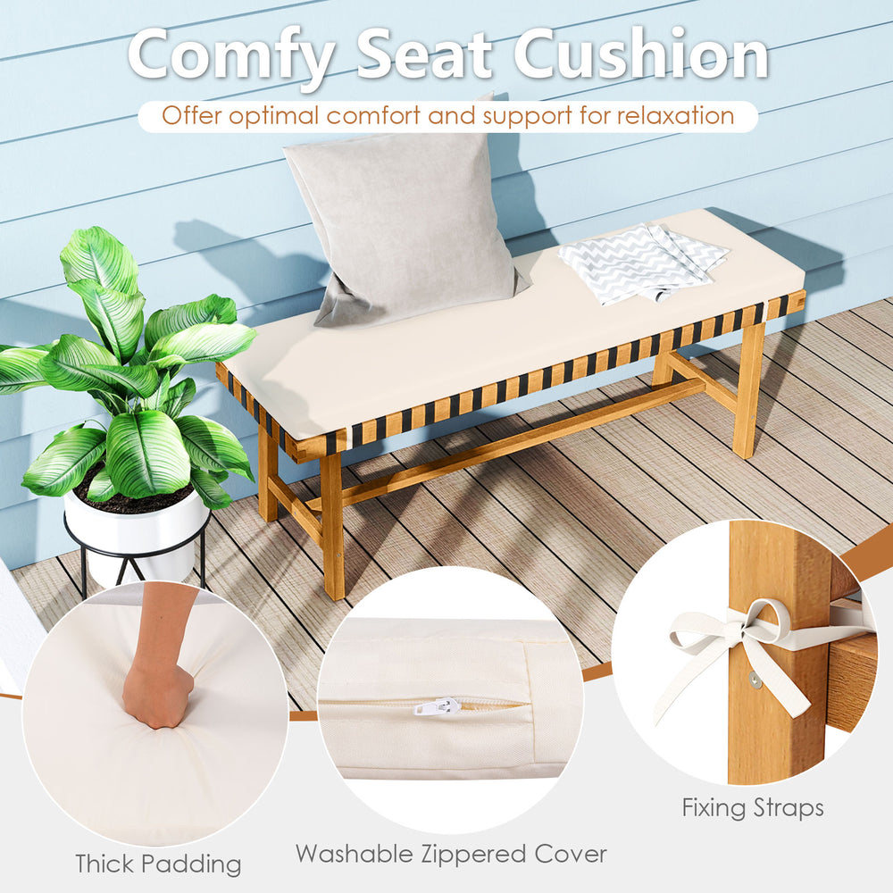 48-inch acacia wood outdoor bench with thick padded seat cushion, featuring a washable cover and fixing straps for.