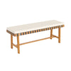 Acacia wood outdoor bench with thick padded seat cushion, featuring a woven rope design for comfort and ventilation.