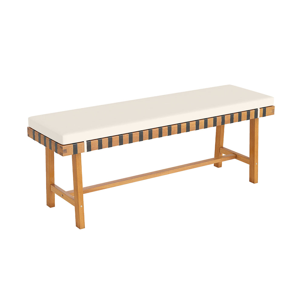 Acacia wood outdoor bench with thick padded seat cushion, featuring a woven rope design for comfort and ventilation.