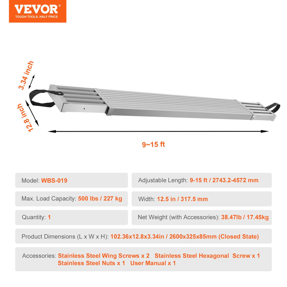 Vevor Aluminum Work Plank 9' to 15' Telescoping 12.5" Wide 500 Lbs. Capacity New