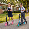 Kids riding pink and blue foldable kick scooters with large light-up wheels, perfect for outdoor fun and safe riding.
