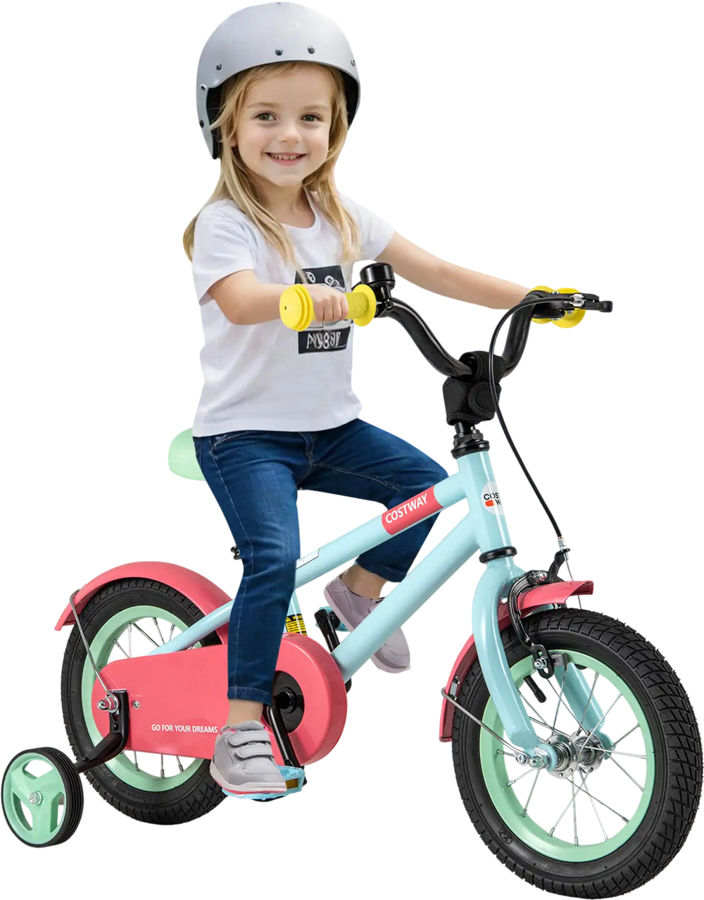 Kids bike with adjustable handlebar and saddle in blue, featuring training wheels for balance and safety for ages 3 to.