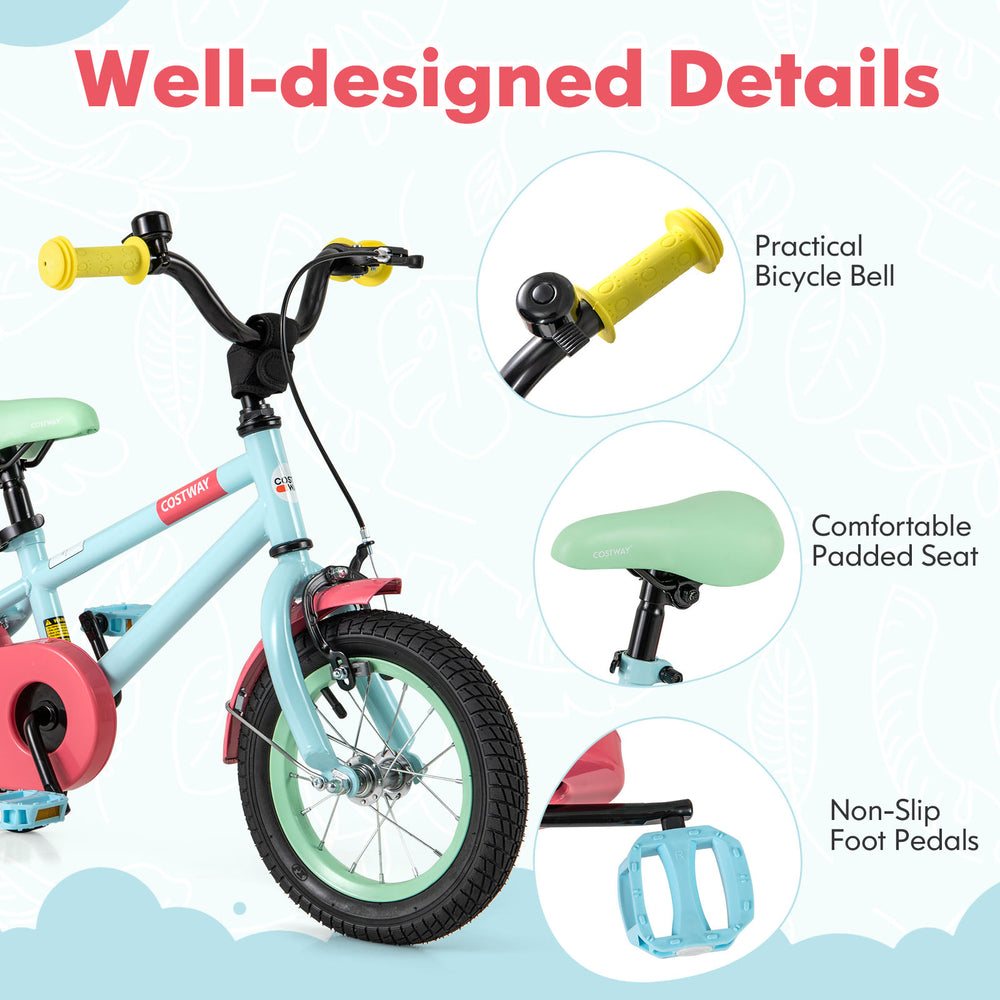 Kids bike features adjustable handlebars, padded seat, and non-slip pedals for safe riding and balance learning.