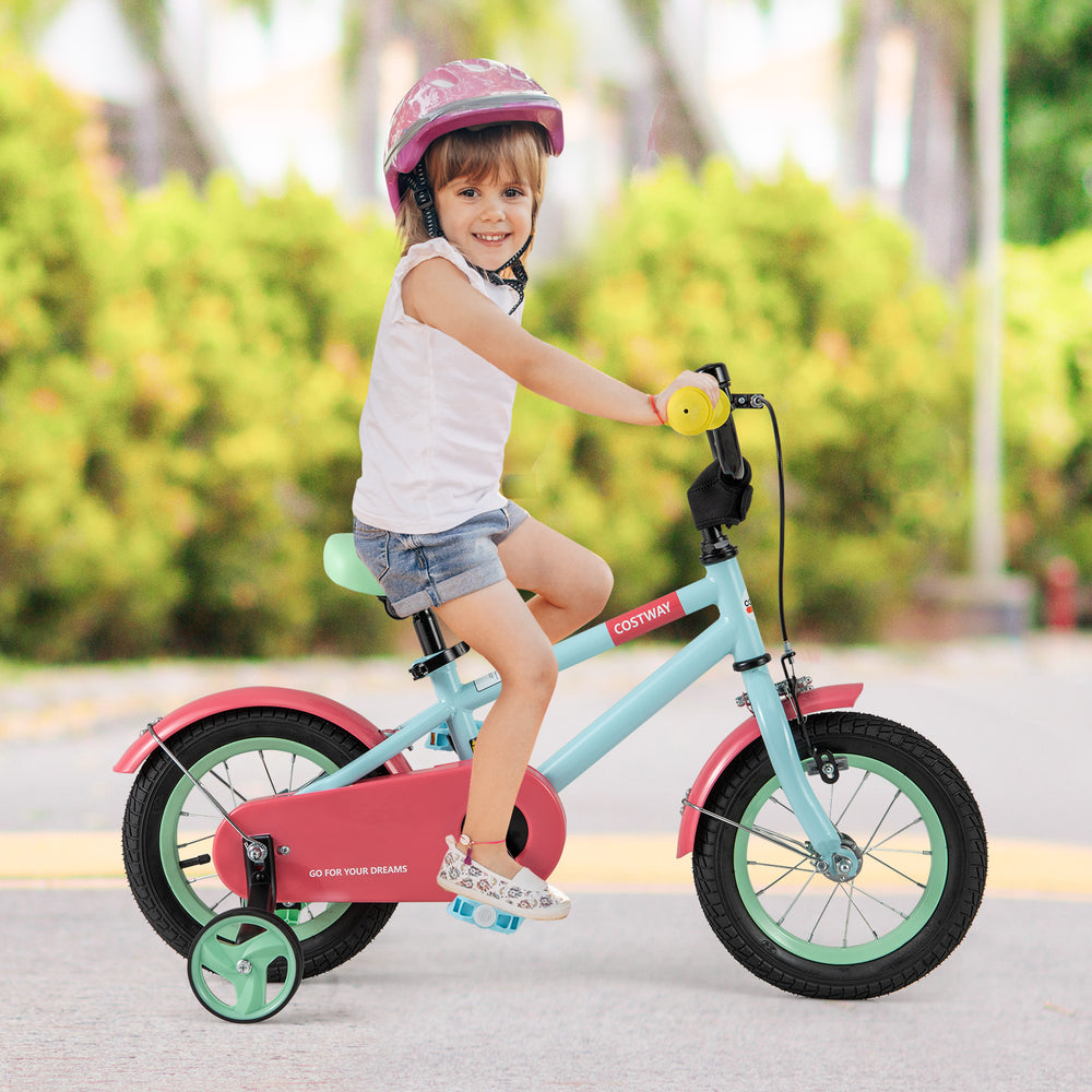 Kids bike with adjustable handlebar and saddle in blue, featuring training wheels for safe riding and balance.