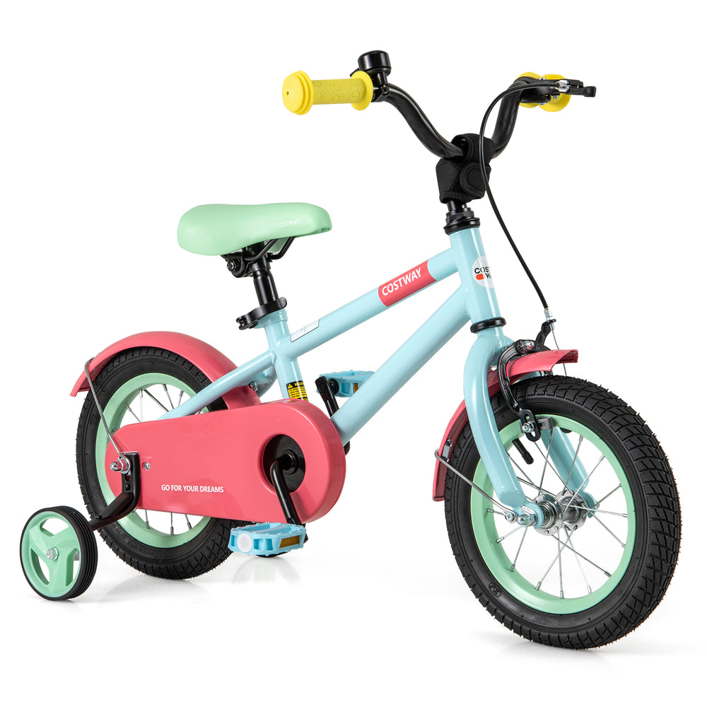 Kids bike with adjustable handlebar and saddle in blue, featuring removable training wheels and a safe dual brake.