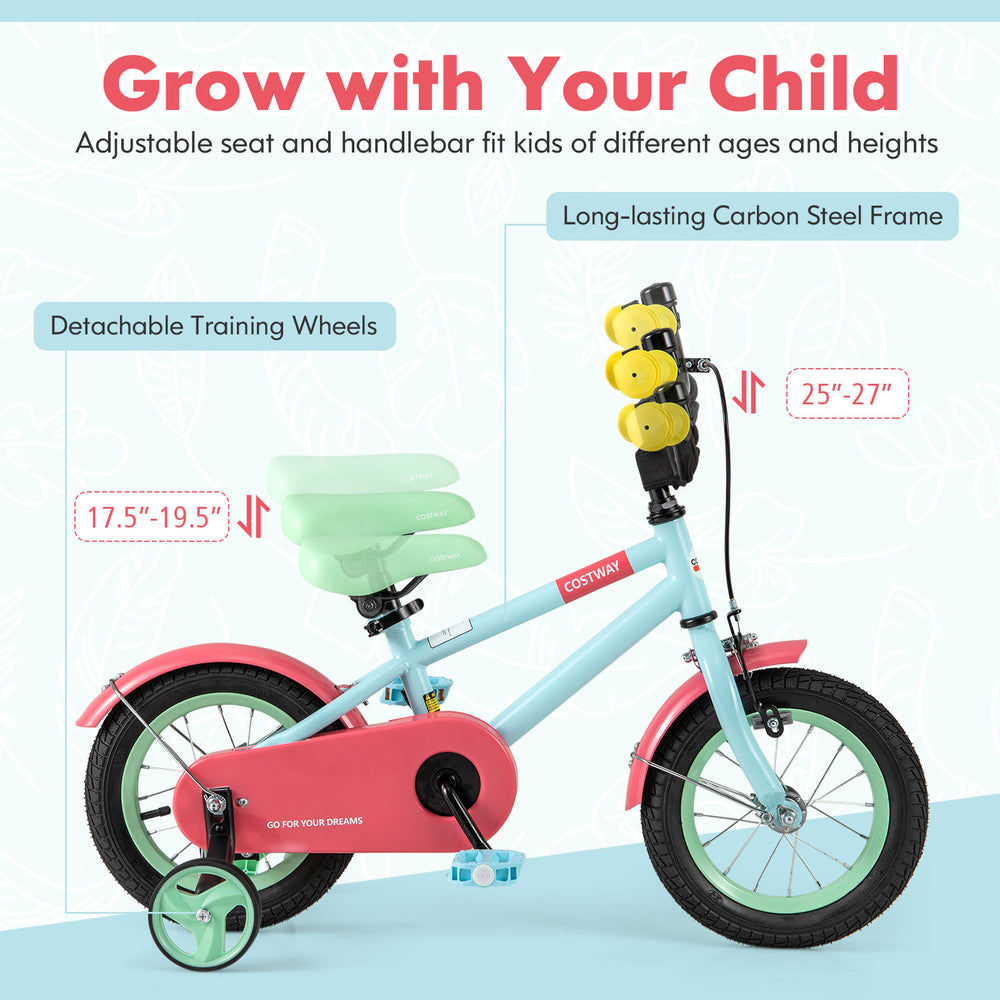 Kids bike with adjustable seat and handlebar, featuring a carbon steel frame and detachable training wheels for safety.