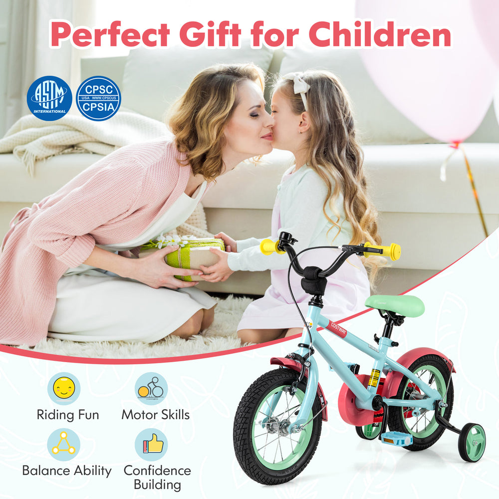 Kids bike with adjustable handlebars and saddle in blue, featuring removable training wheels for safe riding fun.