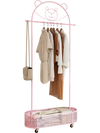 Kid clothes rack in pink with bear design, adjustable heights, wheels, and large capacity for clothes and hats.