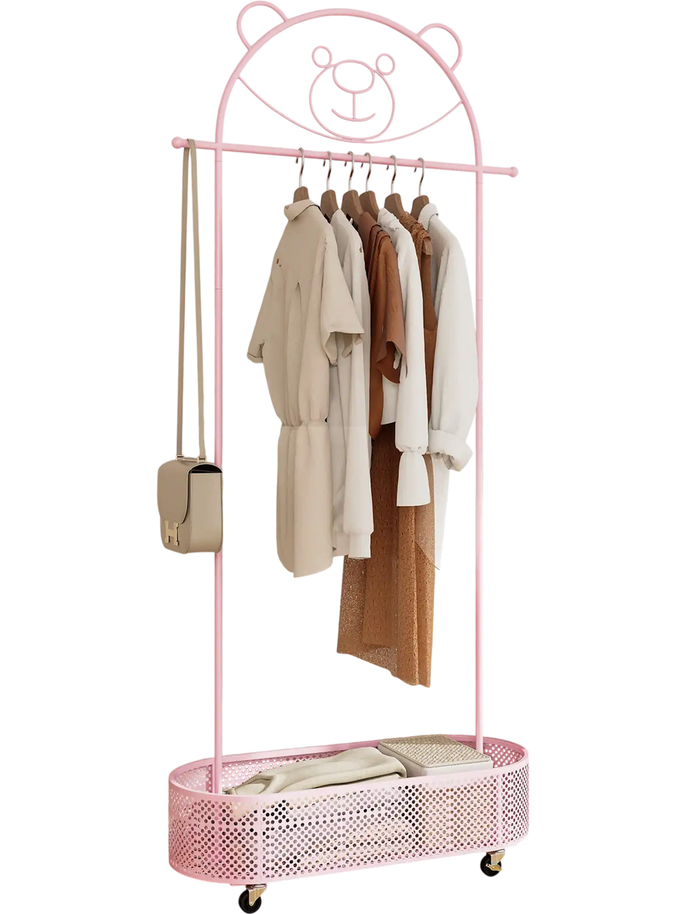 Kid clothes rack in pink with bear design, adjustable heights, wheels, and large capacity for clothes and hats.