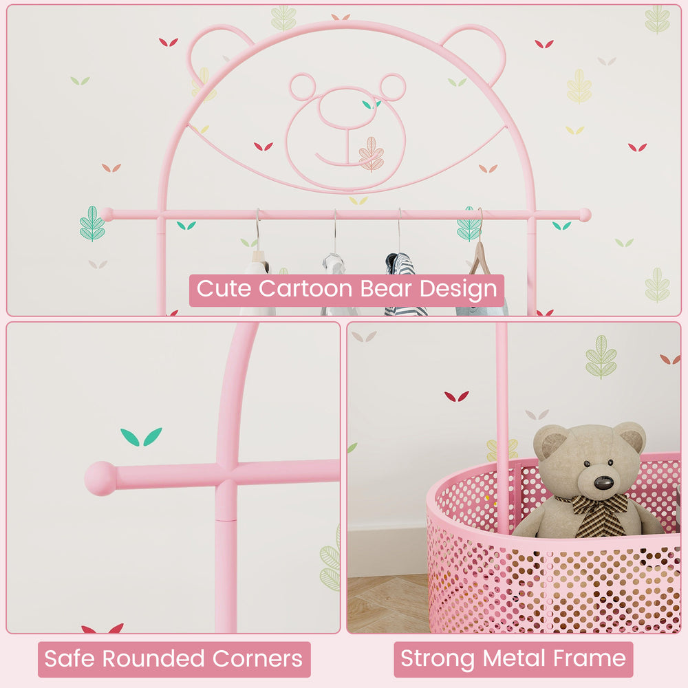 Kid clothes rack in pink with cute bear design, adjustable heights, and safe rounded corners for children's use.