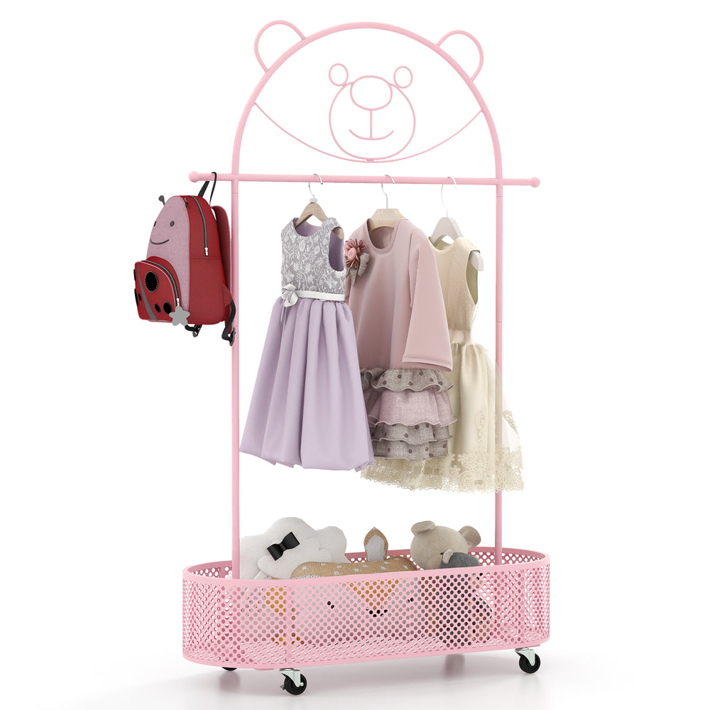 Kid clothes rack in pink with bear design, adjustable heights, wheels, and large capacity for children's clothing.