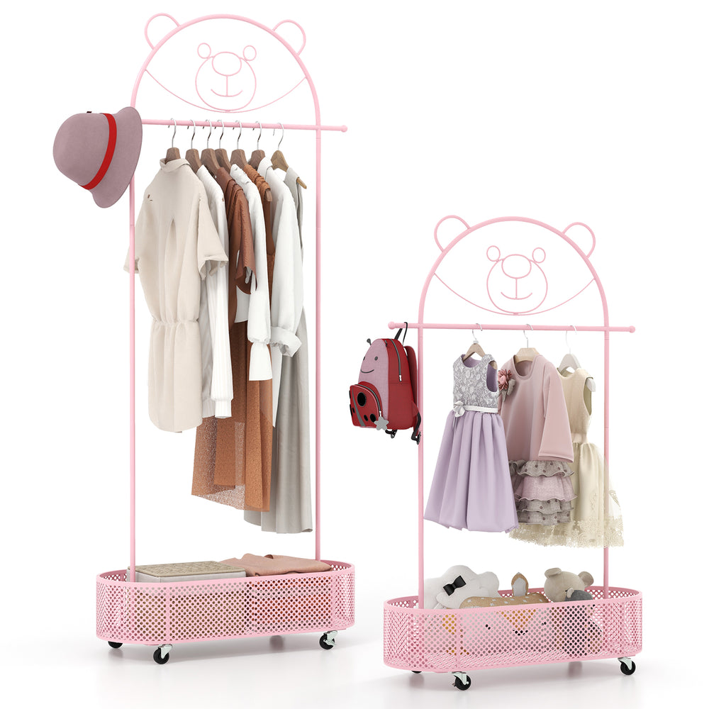Kid clothes rack in pink with adjustable heights, wheels, and bear design, perfect for children's storage needs.