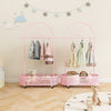 Kid clothes rack in pink with bear design, featuring adjustable heights, wheels, and large capacity for storage.