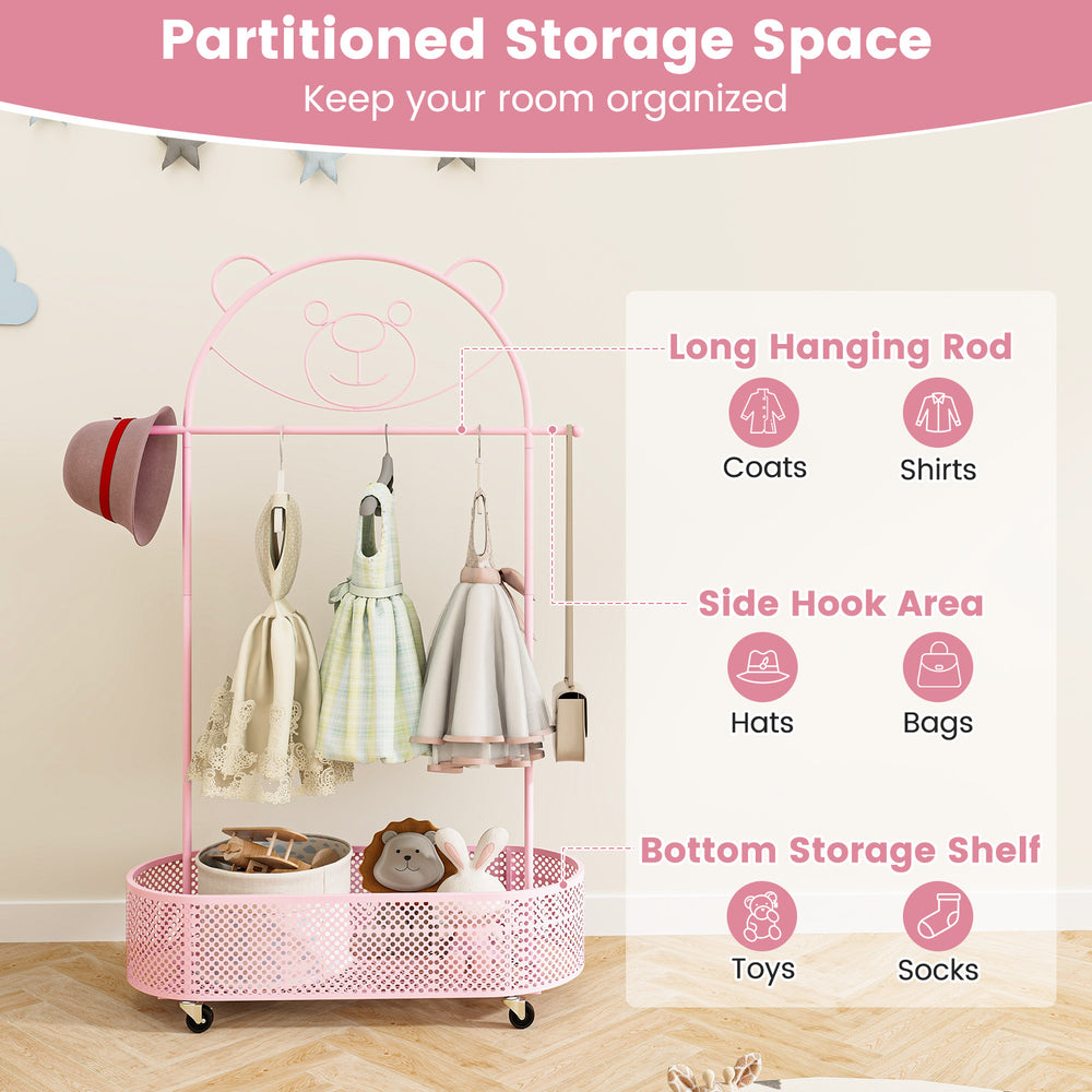 Kid clothes rack in pink with adjustable heights, hanging rod for coats, and bottom storage for toys, perfect for kids'.
