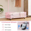 Kid clothes rack in pink with adjustable heights, sturdy frame, and 360° rotating wheels for easy movement and storage.