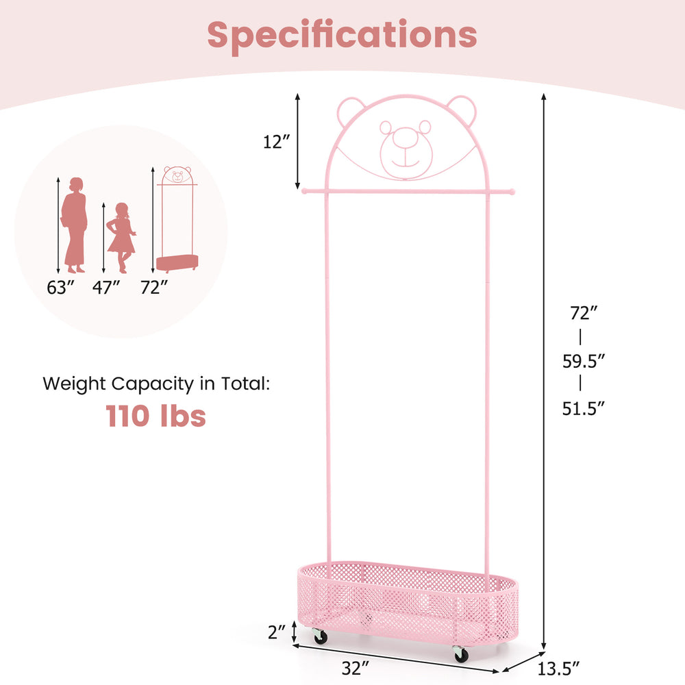 Kid clothes rack in pink with bear design, adjustable heights, and wheels for easy movement, ideal for children's.