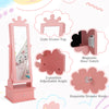 Kids play jewelry armoire in pink with full-length mirror, crown top, and adjustable angle for stylish storage.