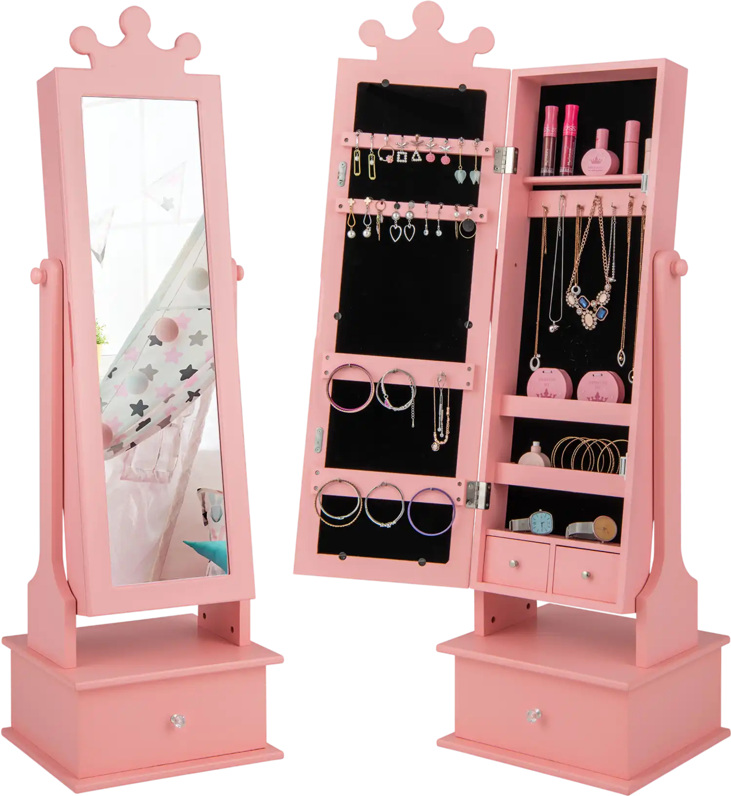 Costway 2-in-1 Kids Jewelry Armoire Full Length Mirror Drawers 69732854 New