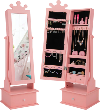 Costway 2-in-1 Kids Jewelry Armoire Full Length Mirror Drawers 69732854 New