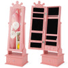 Kids play jewelry armoire in pink with full-length mirror, drawers, and crown design for stylish storage.