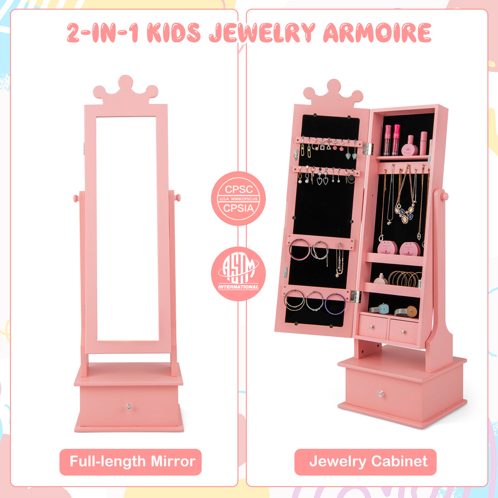 Kids 2-in-1 jewelry armoire in pink with full-length mirror, ample storage, and crown design for stylish organization.