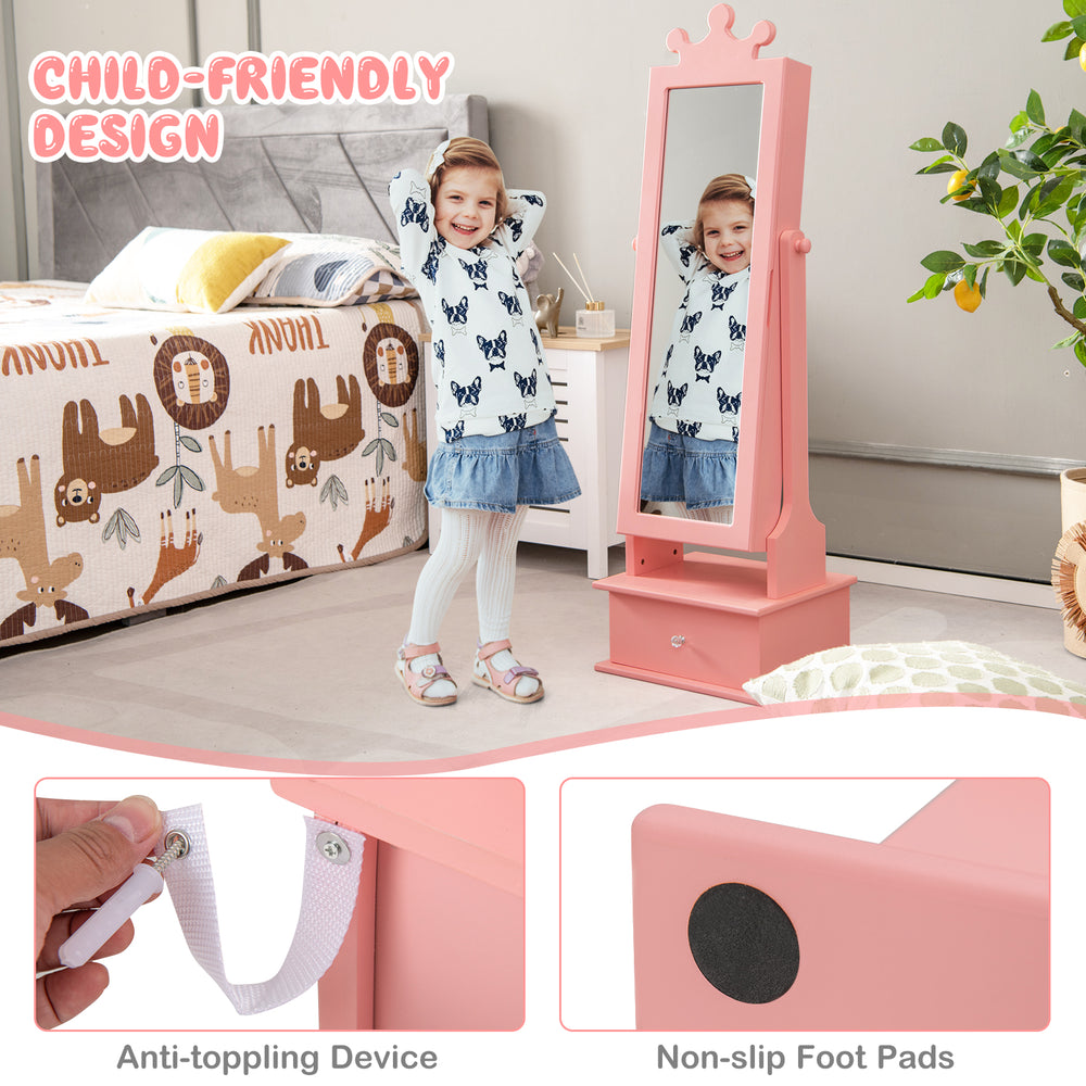 Kids play jewelry armoire in pink with full-length mirror, anti-toppling device, and non-slip foot pads for stability.